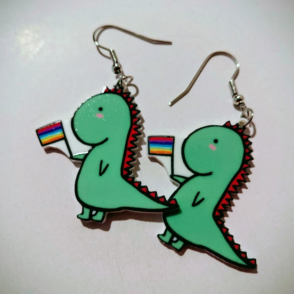 Cute Dinosaur Earrings with Rainbow Flag